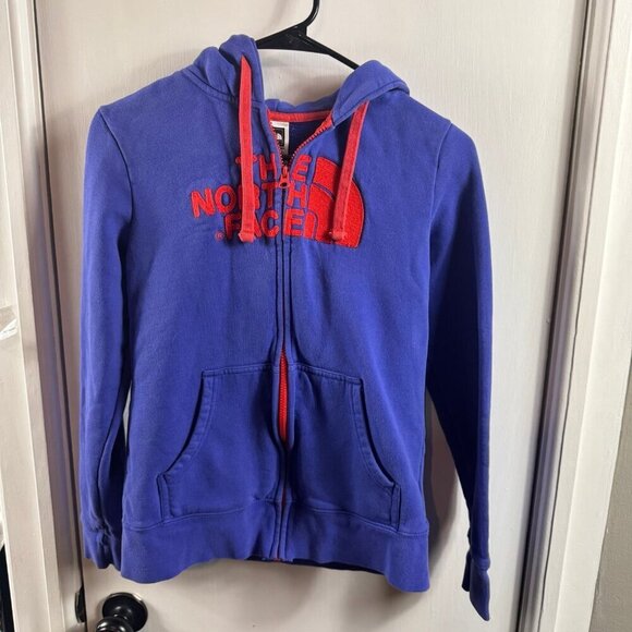 The North Face royal blue and red full zip hooded sweatshirt. - Picture 1 of 8